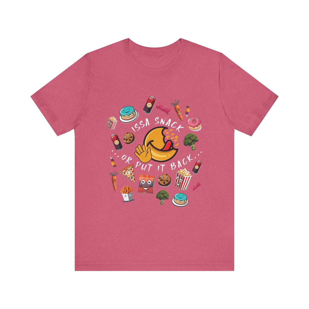 Pink t-shirt with cartoon snacks and 'Issa Snack or Put It Back' text graphic design