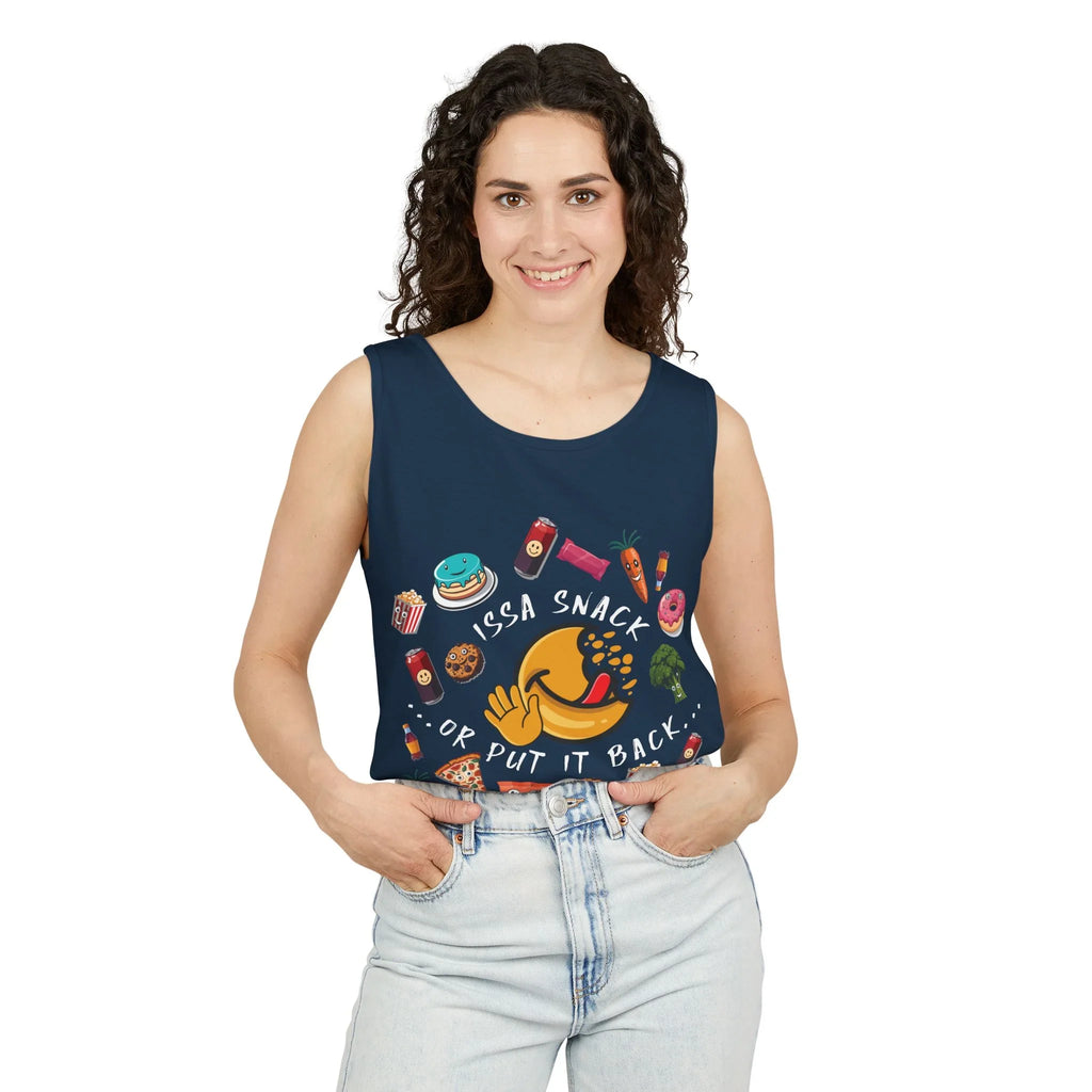 Smiling woman in navy graphic tank top with snack cartoon and 'Issa Snack or Put It Back' text