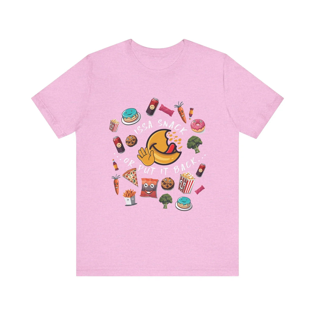Pink t-shirt with cartoon snacks and 'Issa Snack Or Put It Back' graphic design