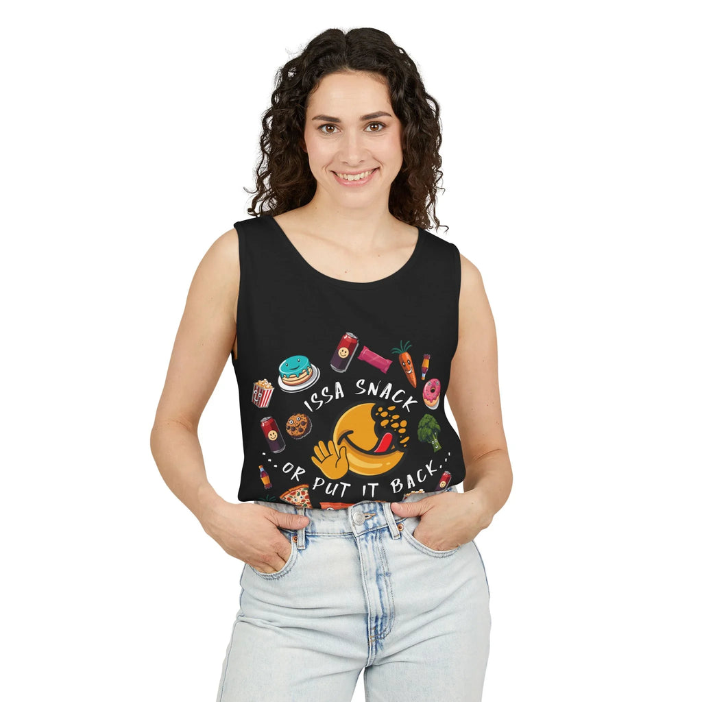 Woman wearing black graphic tank top with snack foods and 'Issa Snack or Put It Back' text