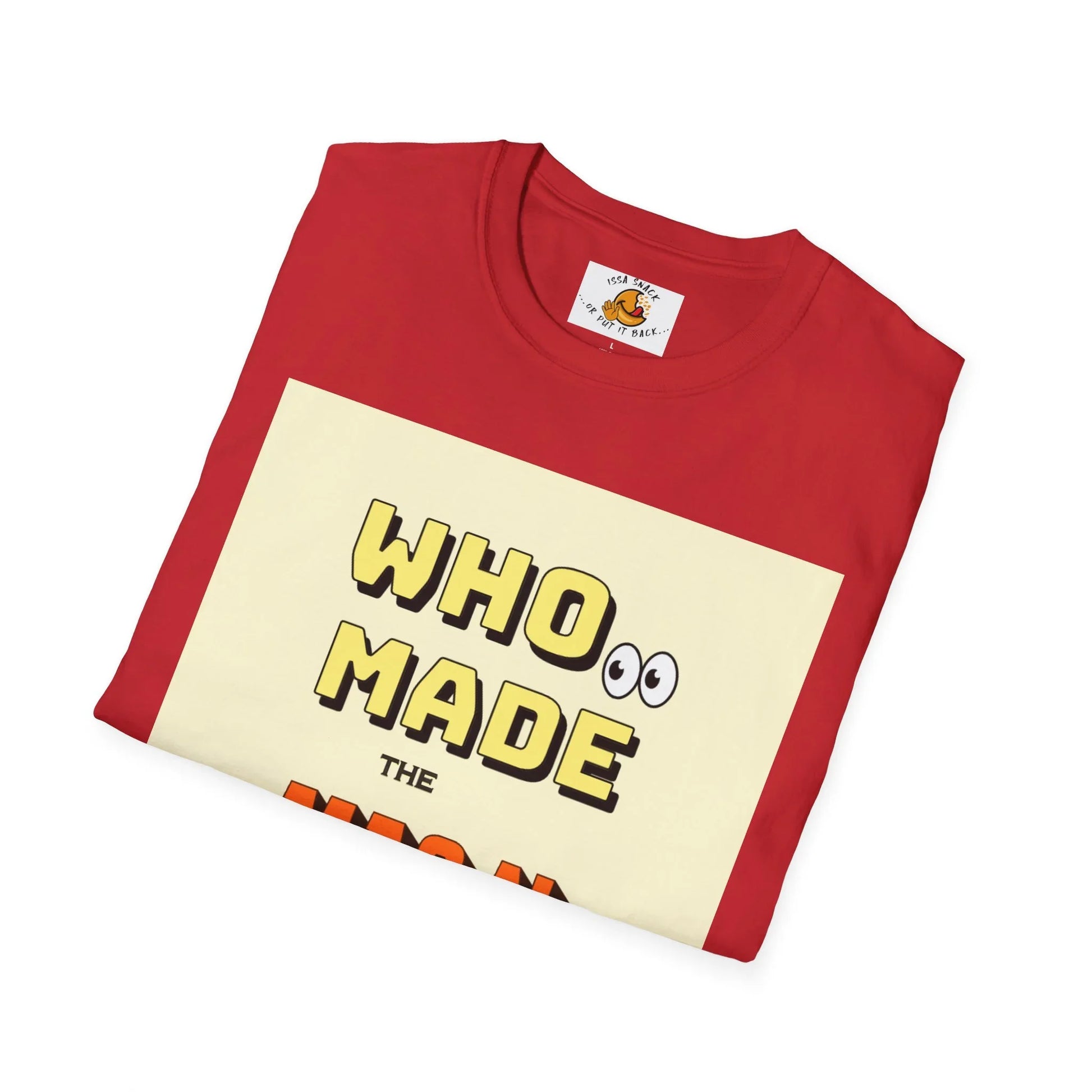 Red graphic t-shirt with yellow cartoon 'WHO MADE' text and googly eyes, folded on white background.