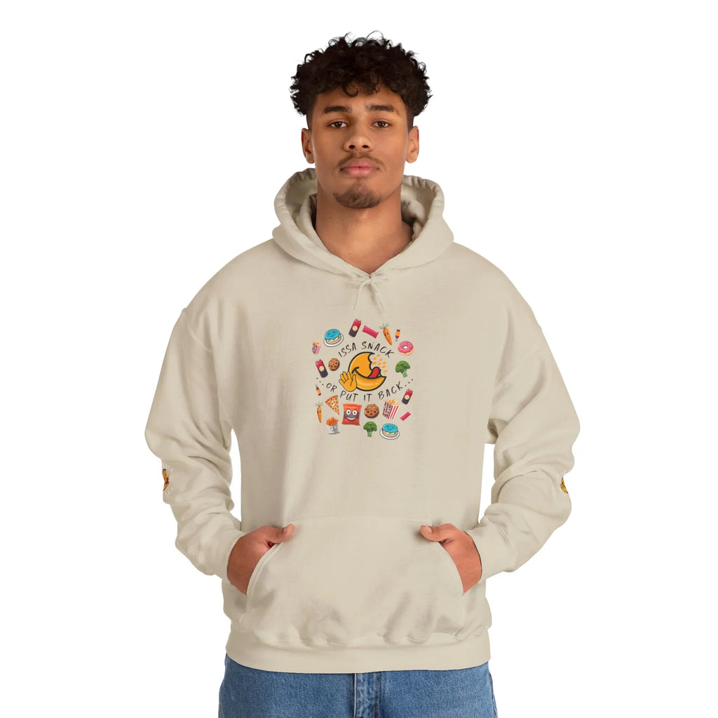 Man wearing beige hoodie with colorful snack graphics and 'Issa Snack or Put It Back' text