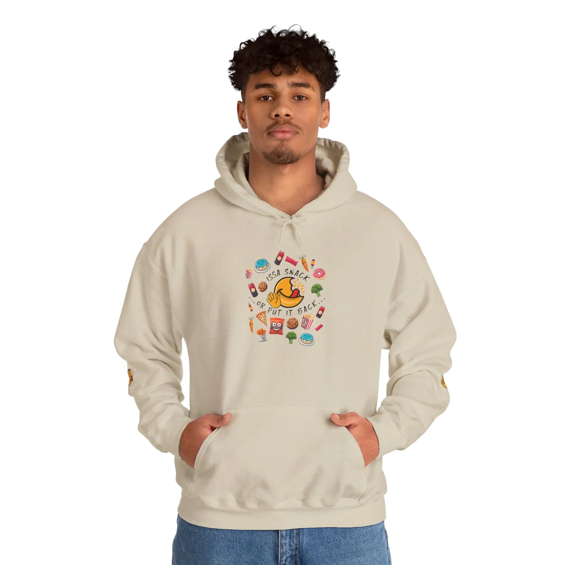 Man wearing beige hoodie with colorful snack graphics and 'Issa Snack or Put It Back' text