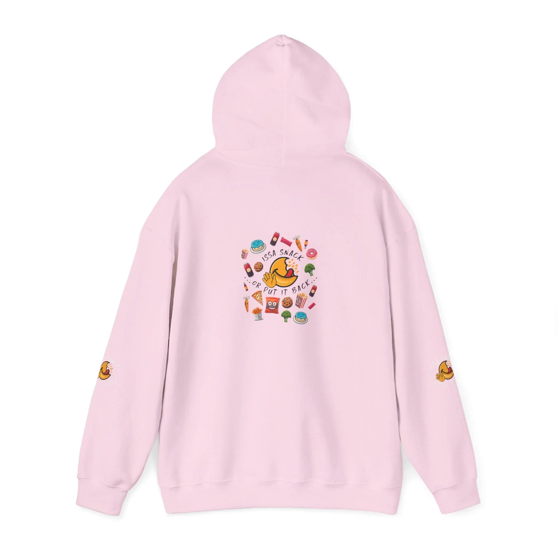 Pink hoodie with colorful cartoon food graphics and 'Issa Snack Or Put It Back' text on back