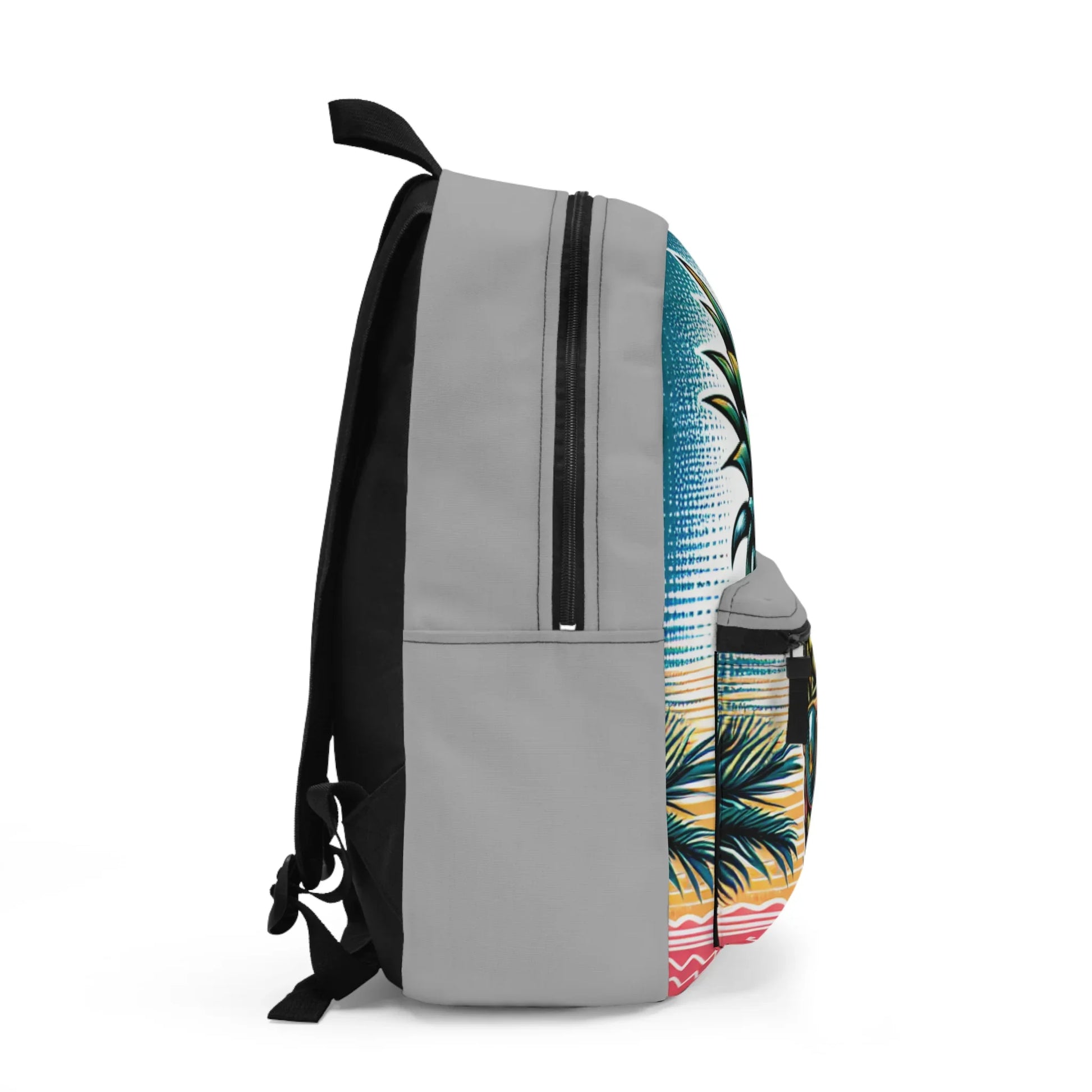 Gray backpack with colorful tropical palm tree and sunset beach design on front panel