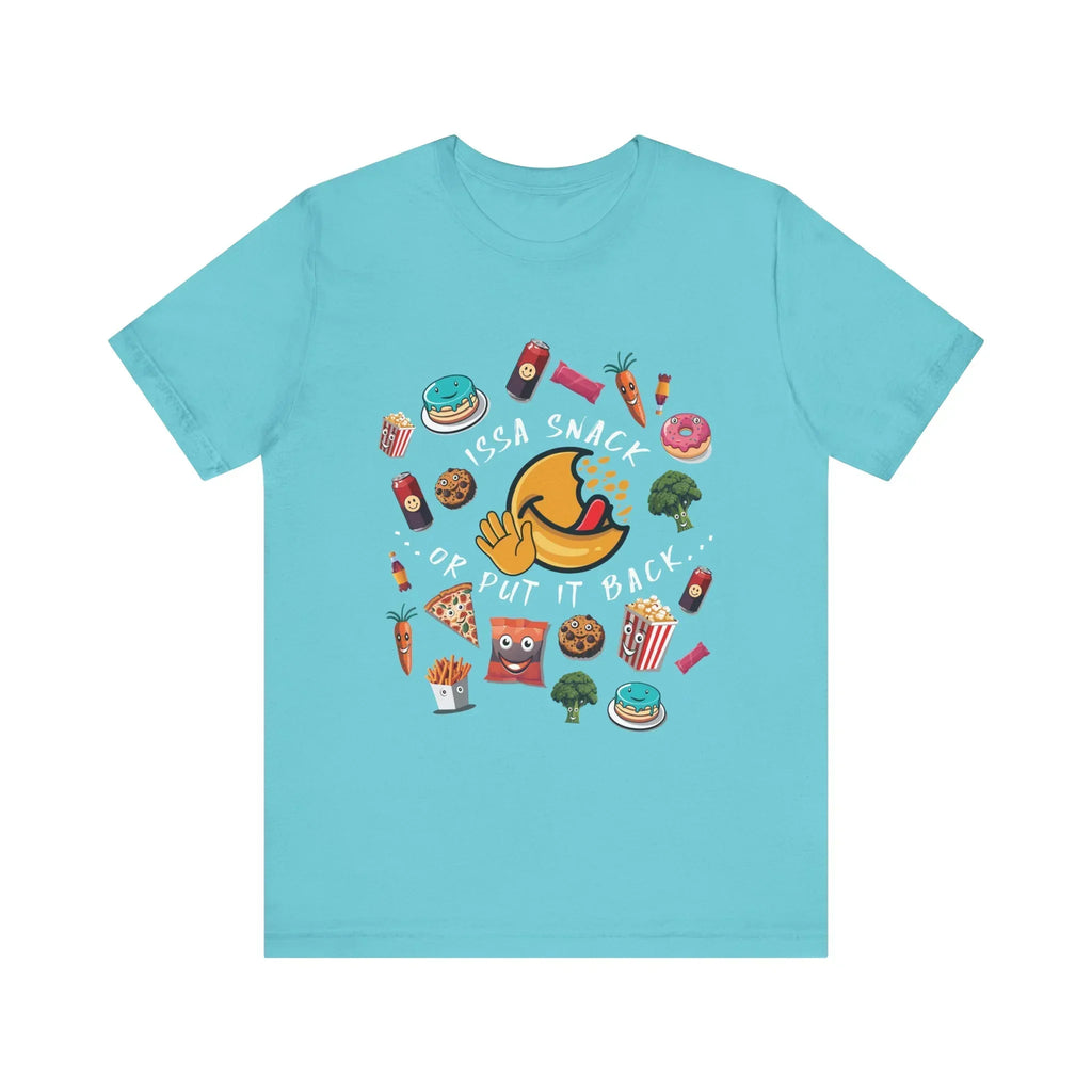Blue t-shirt with cartoon snacks and text 'Issa Snack Or Put It Back' in playful design.