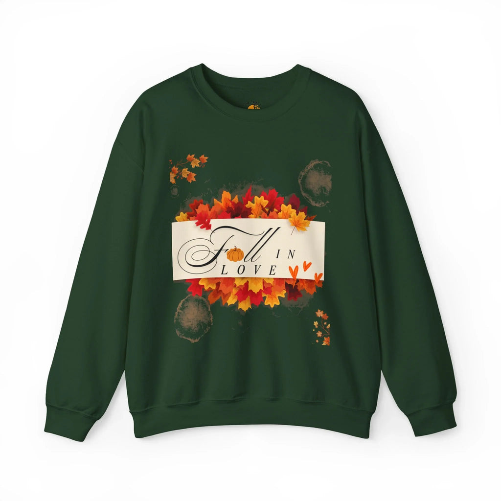Dark green sweatshirt with 'Fall in Love' text and autumn leaves graphic design
