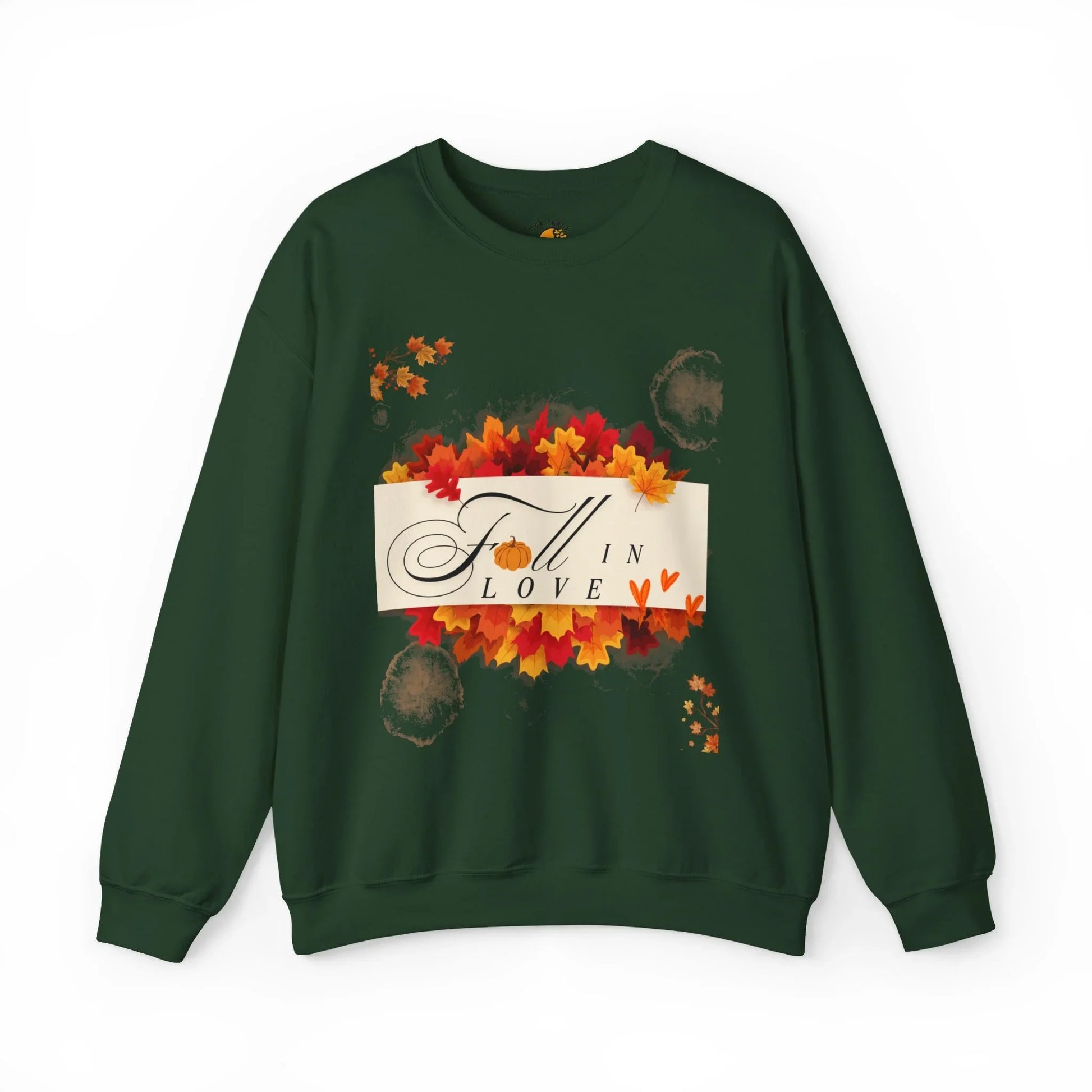 Dark green sweatshirt with 'Fall in Love' text and autumn leaves graphic design