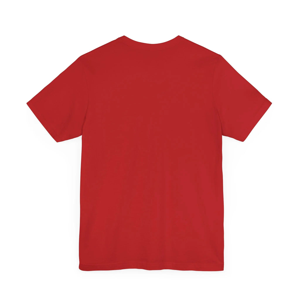 Back view of plain red short sleeve t-shirt on white background