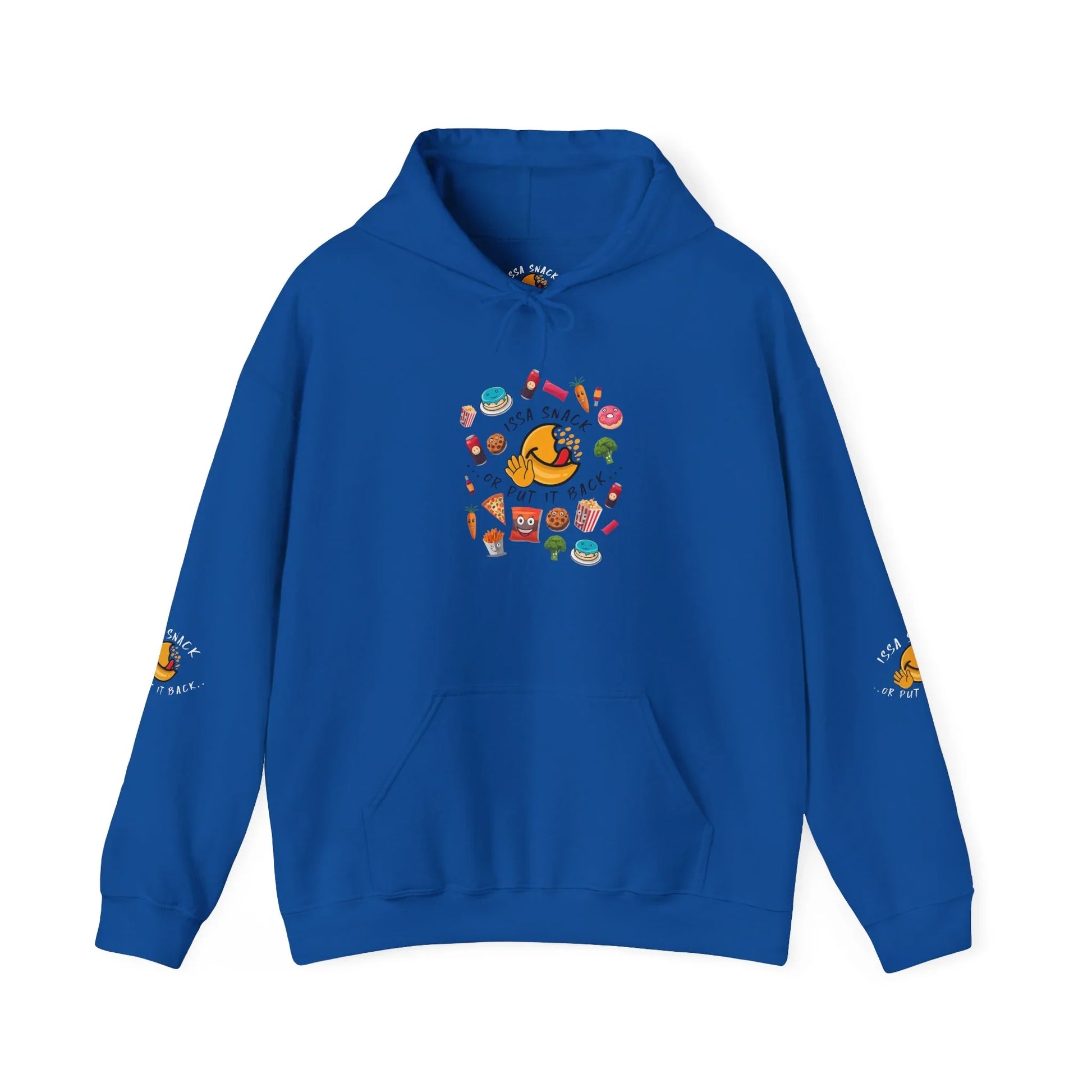 Blue hoodie with colorful snack doodles and 'Isca Snack or Put It Back' text on chest and sleeve