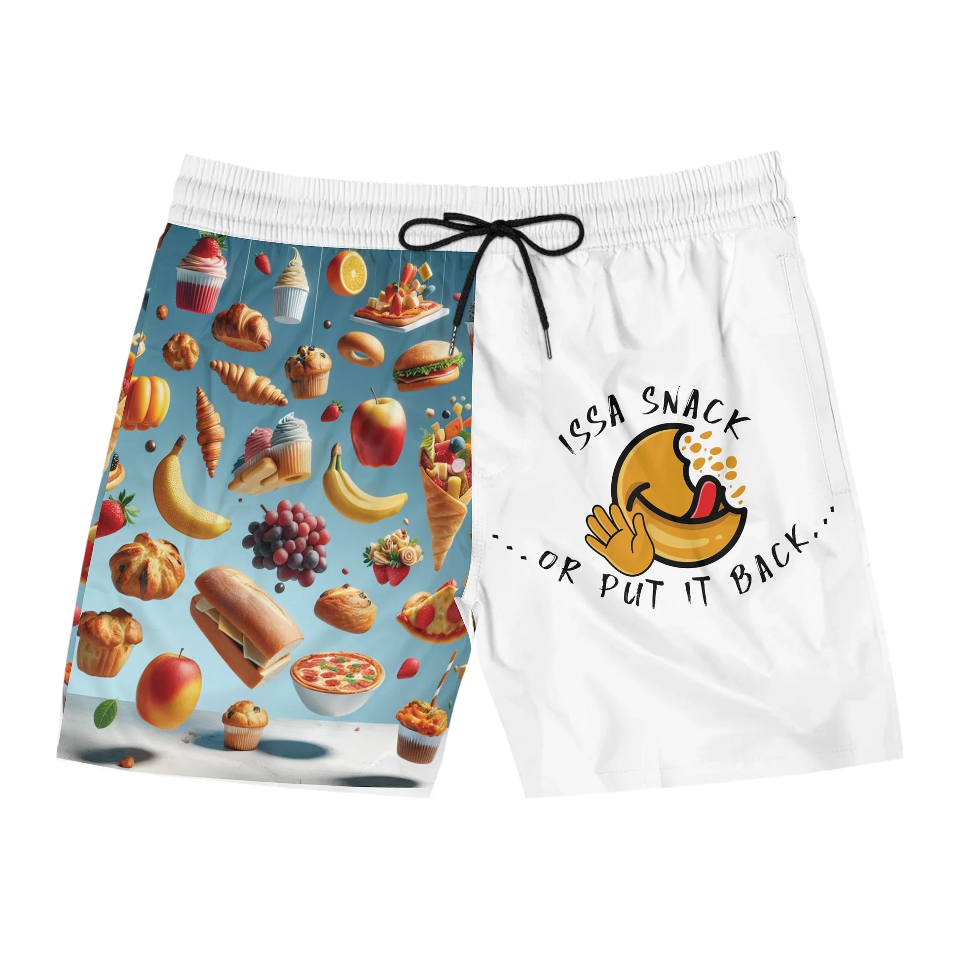 Colorful snack-themed swim shorts with floating food prints and 'Issa Snack or Put It Back' text