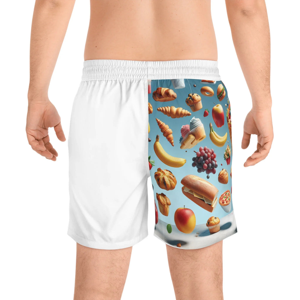 Man wearing shorts with one side plain white and one side colorful food pattern design