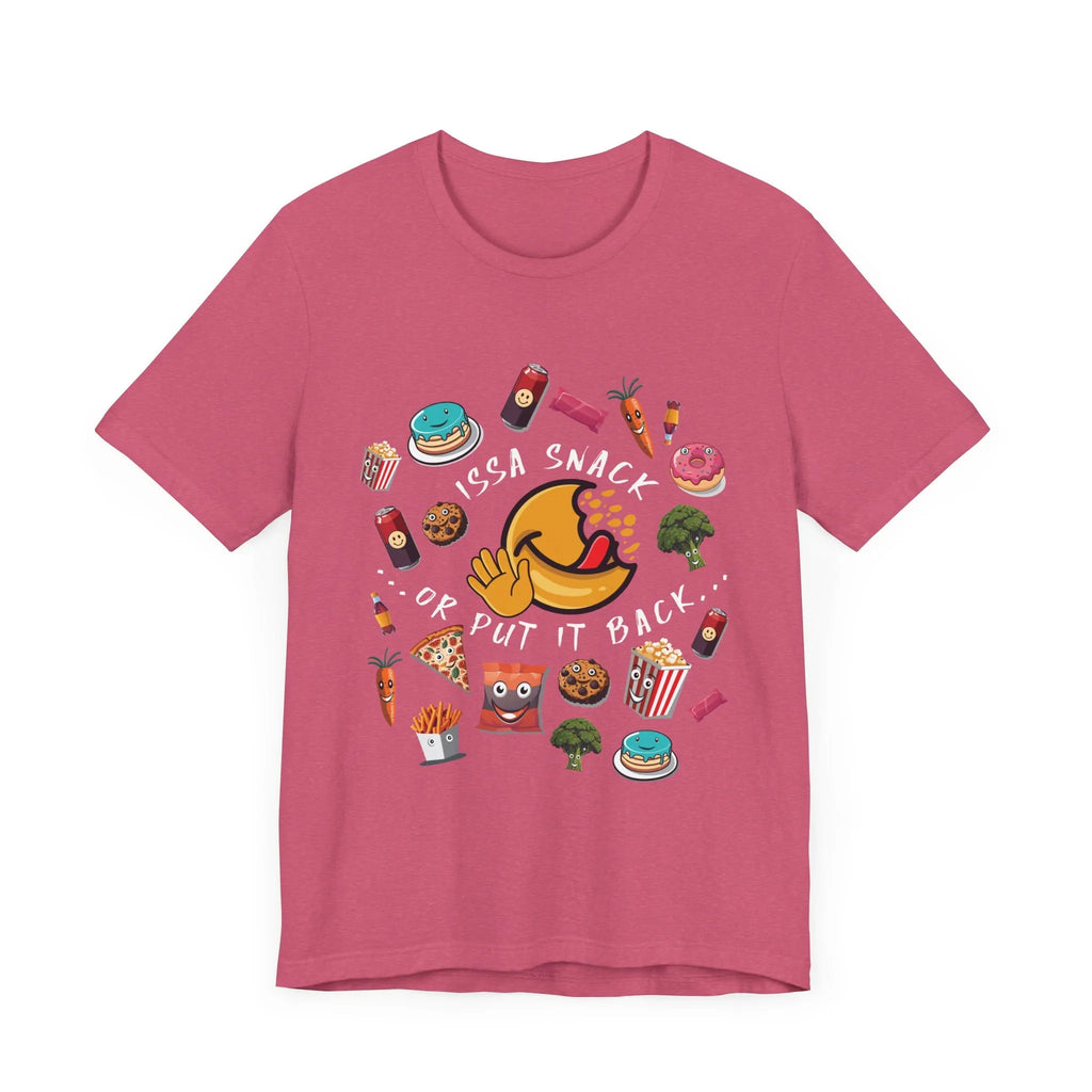 Pink t-shirt with cartoon snacks, emoji face, and 'Issa Snack or Put It Back' text design