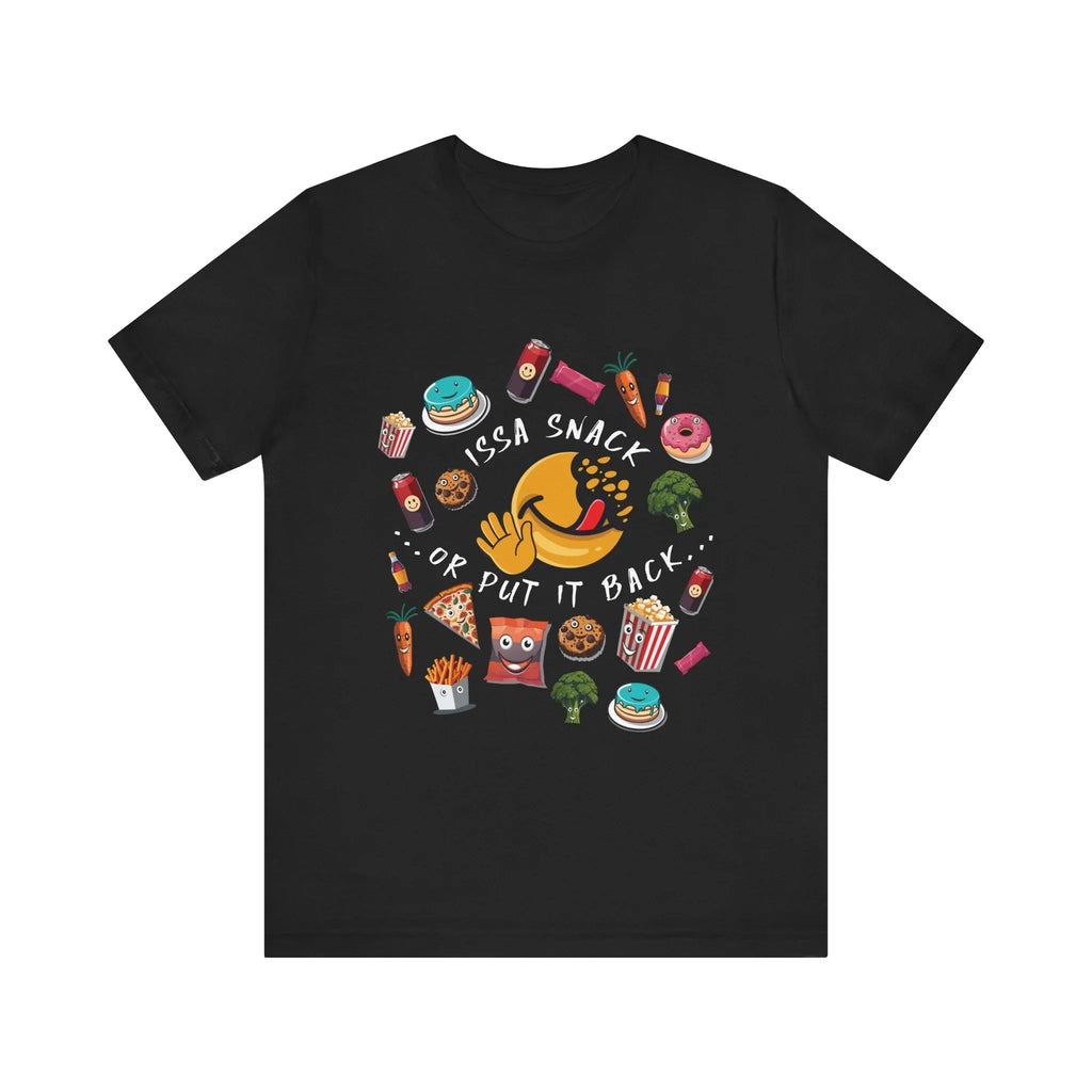 Black t-shirt with cartoon snacks, playful emoji, and 'Issa Snack or Put It Back' text design.