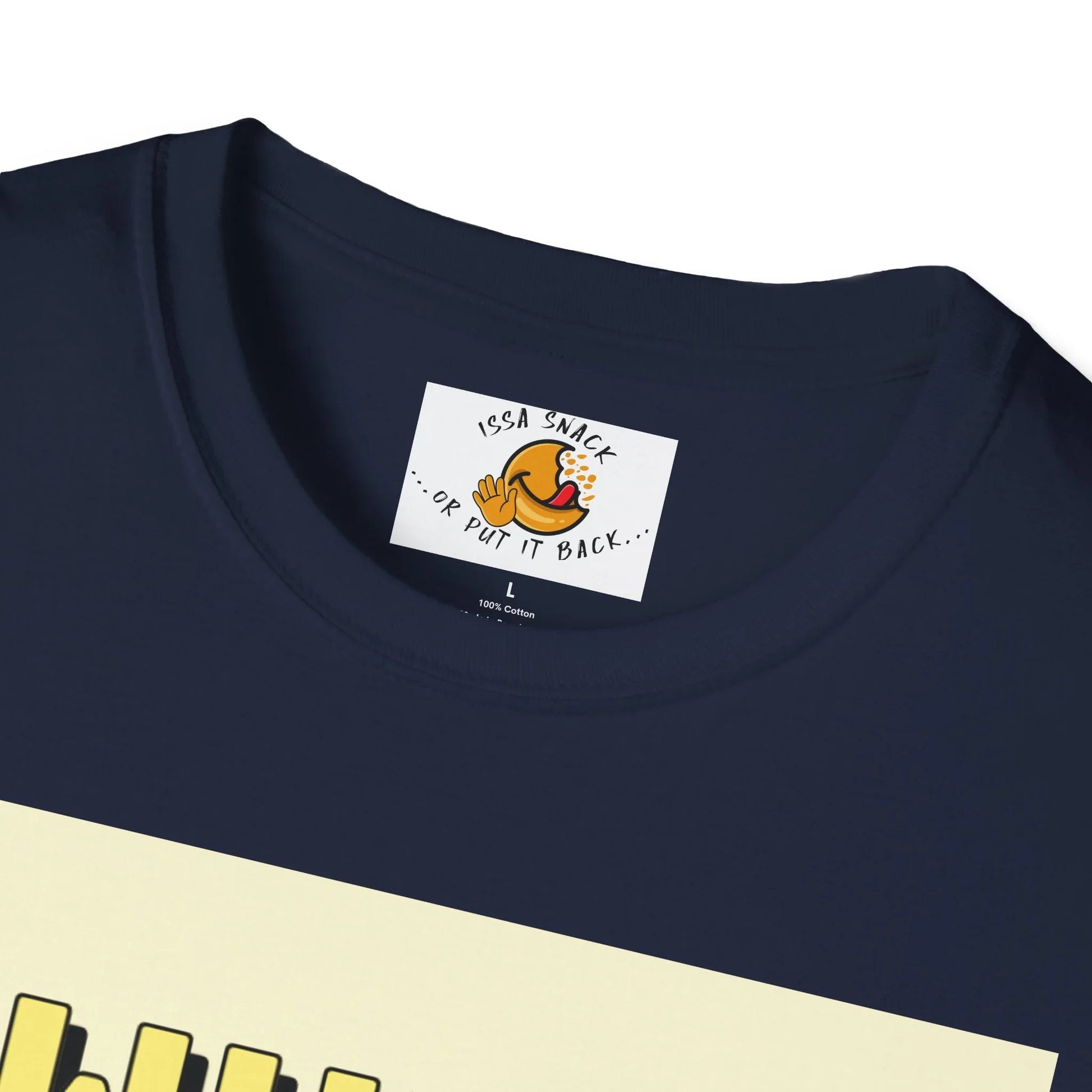 Navy cotton t-shirt collar with ISSA SNACK label and cartoon hand eating pizza