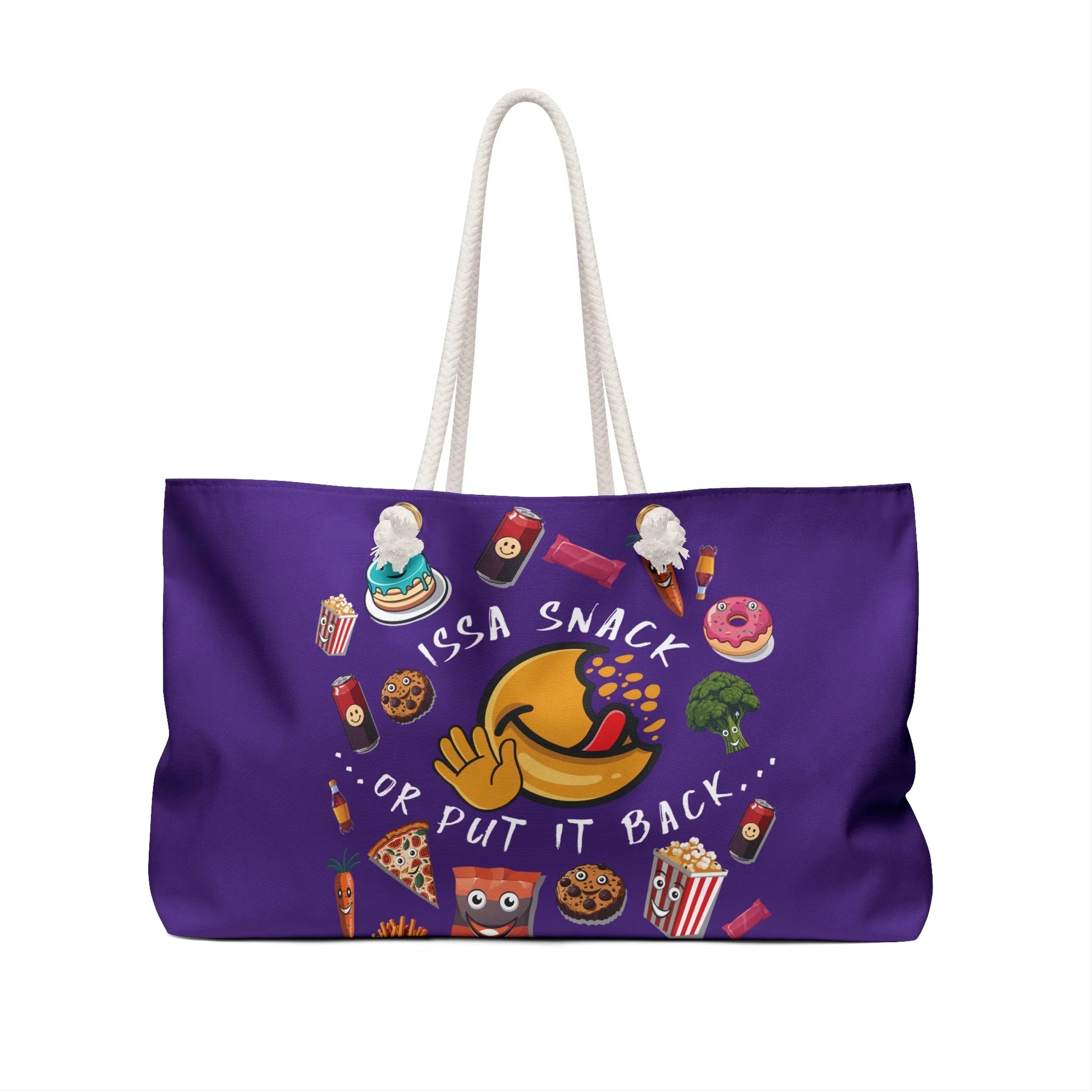 Purple tote bag with emoji and snacks, text says 'Issa Snack or Put It Back'.