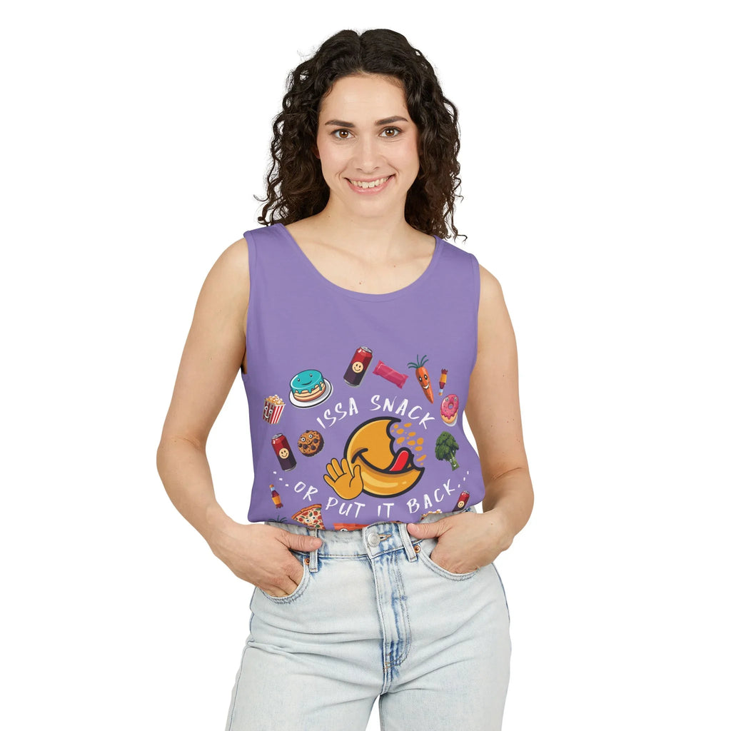 Smiling woman in light jeans and a purple tank top with cartoon snacks and text 'Issa Snack or Put It Back'.