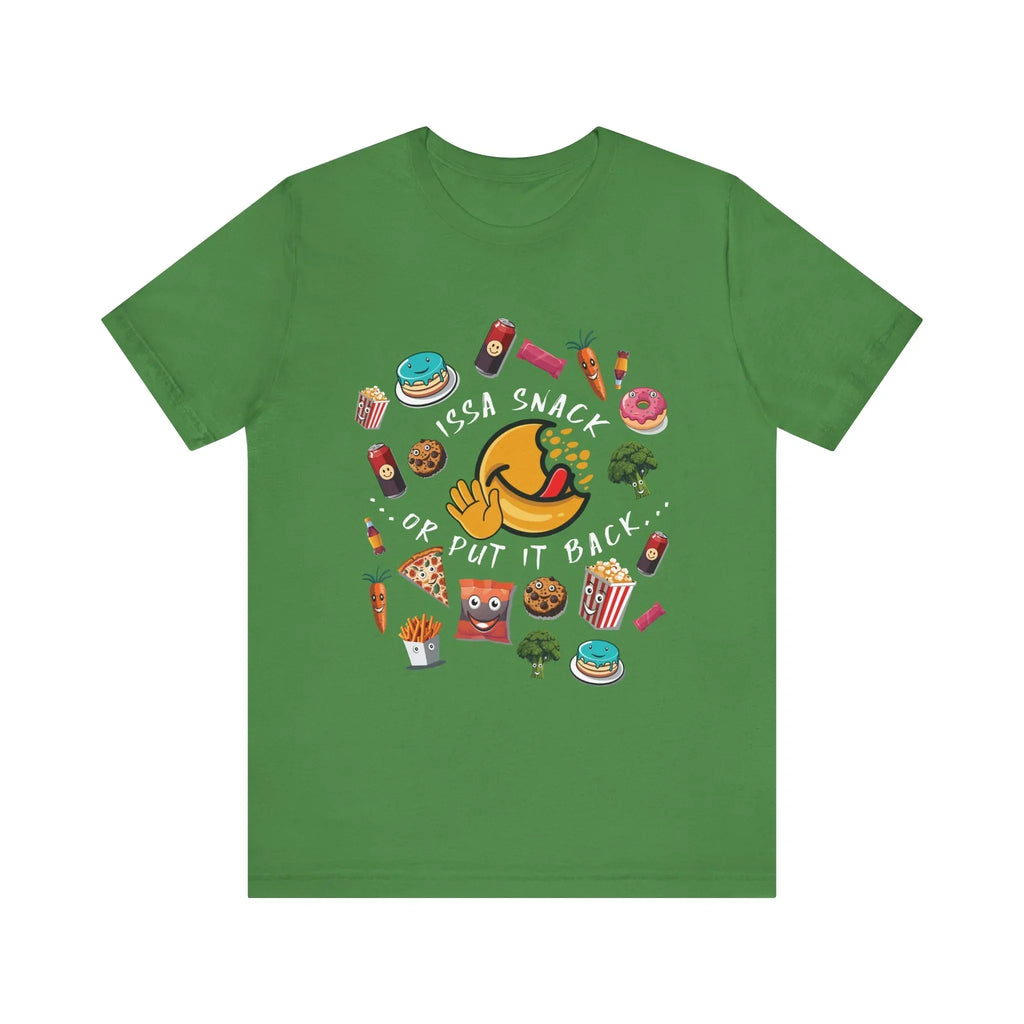 Green t-shirt with cartoon snacks and text 'Issa Snack or Put It Back' design