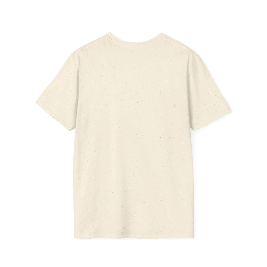 Back view of an off-white short sleeve t-shirt with subtle speckled pattern