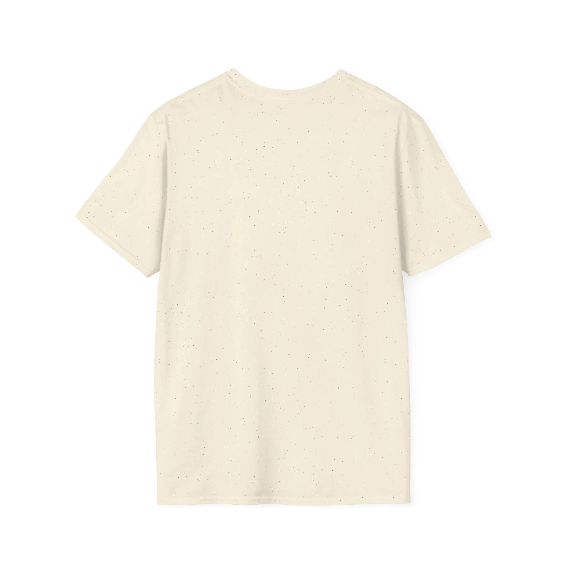 Back view of an off-white short sleeve t-shirt with subtle speckled pattern