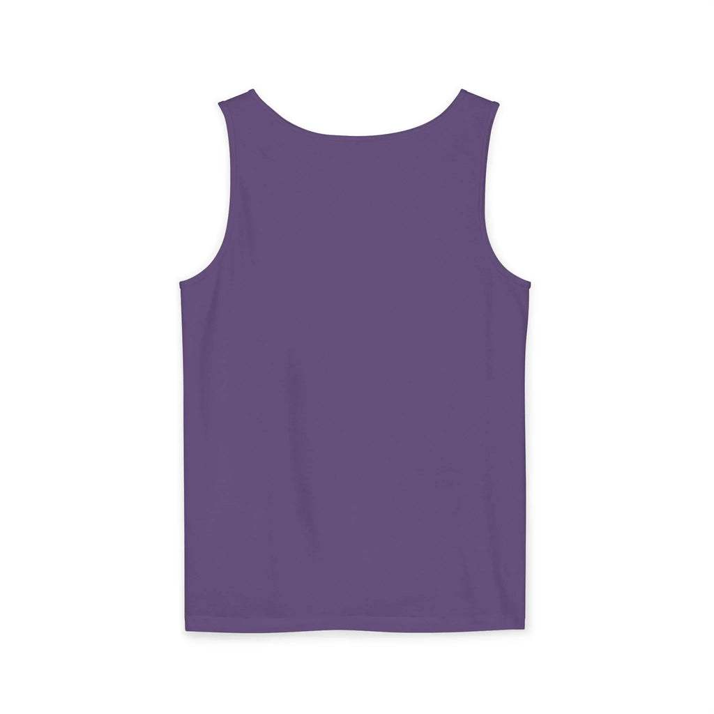 Plain purple tank top, back view, sleeveless shirt on white background