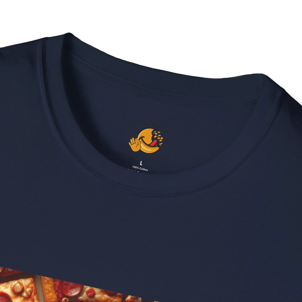 Navy blue t-shirt collar with pizza graphic and yellow emoji logo inside neck label