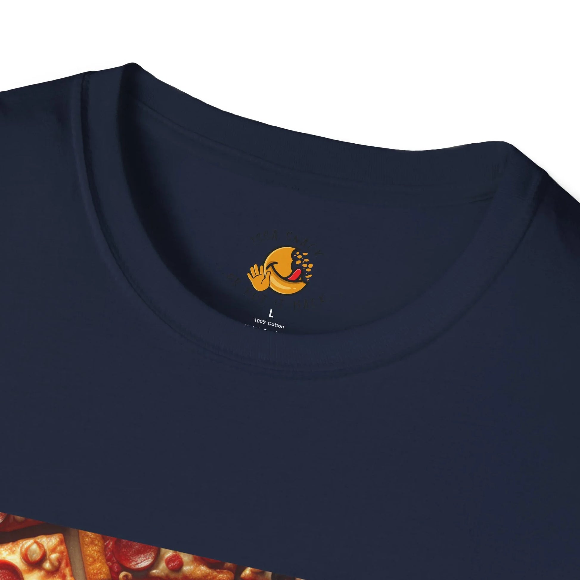 Navy blue t-shirt collar with pizza graphic and yellow emoji logo inside neck label