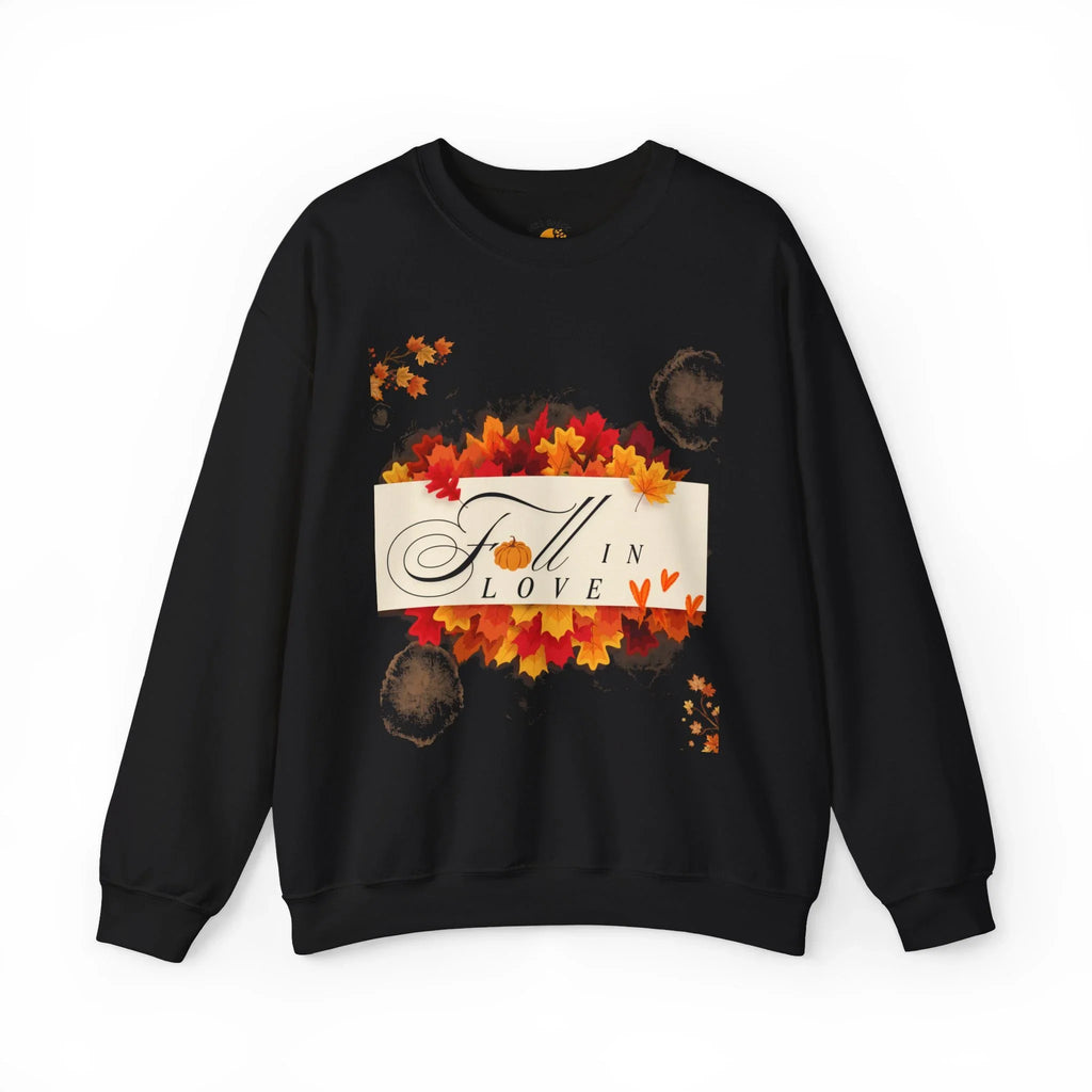 Black sweatshirt with 'Fall in Love' text, autumn leaves, and heart accents design