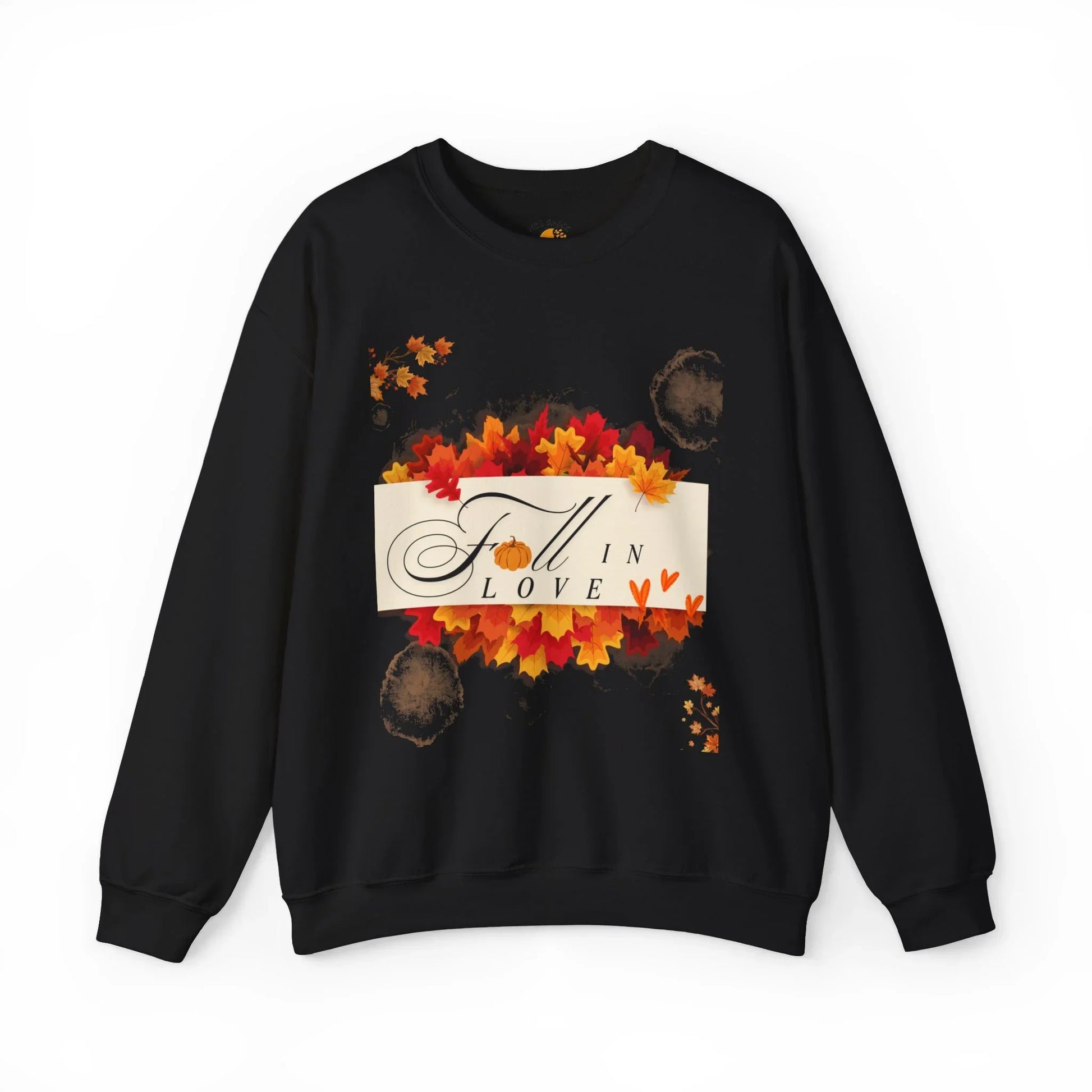 Black sweatshirt with 'Fall in Love' text, autumn leaves, and heart accents design