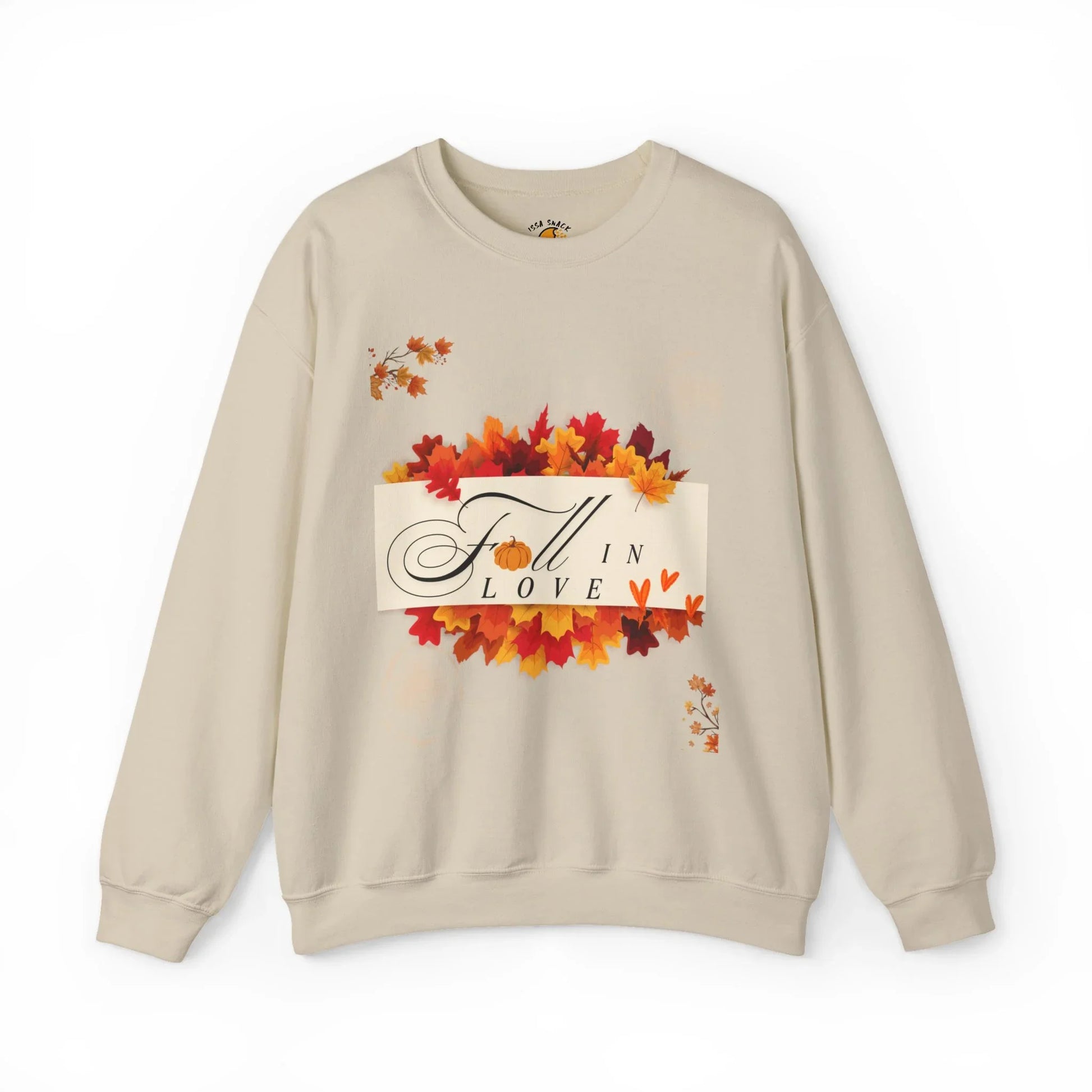 Beige sweatshirt with 'Fall in Love' text, surrounded by colorful autumn leaves