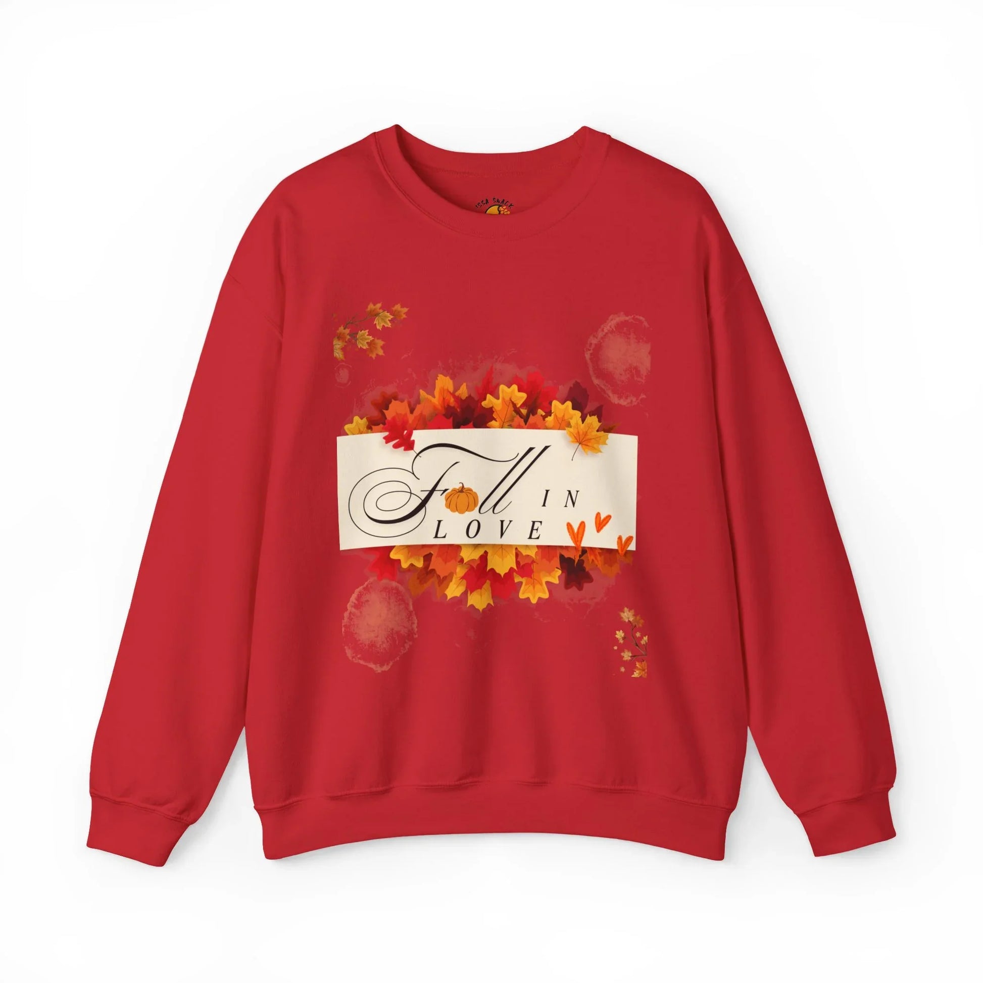 Red fall sweatshirt with 'Fall in Love' text, autumn leaves, and heart accents