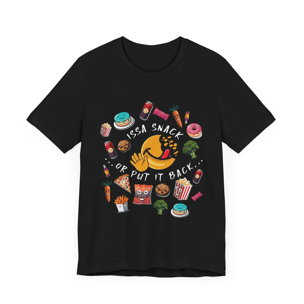 Black t-shirt with cartoon snacks, emoji face, and text 'Issa Snack or Put It Back'.