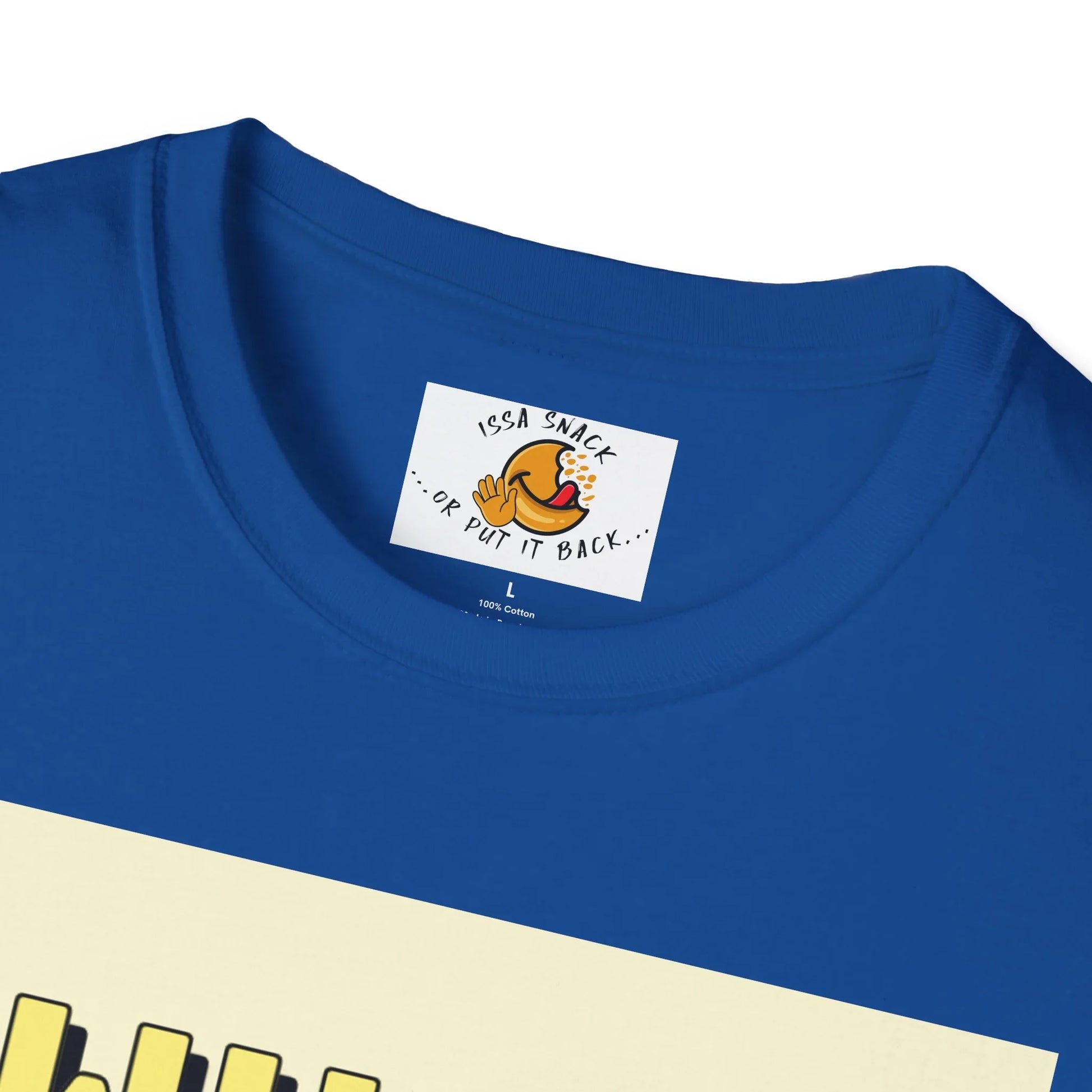 Blue t-shirt with cartoon snack label reading 'Issa Snack or Put It Back' on collar