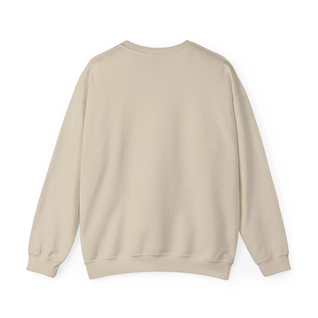 Back view of a plain beige crewneck sweatshirt on white background