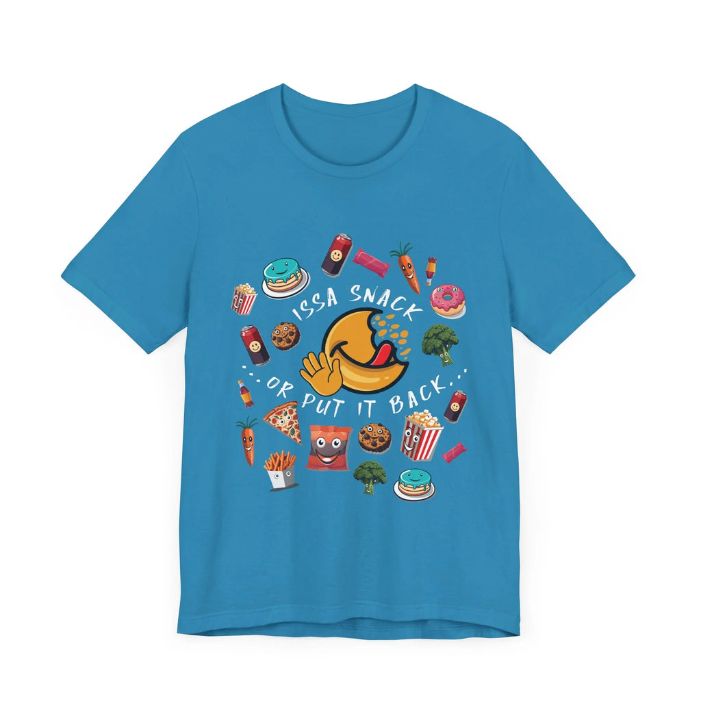 Blue t-shirt with cartoon snacks, emoji face, and 'Issa Snack or Put It Back' text.