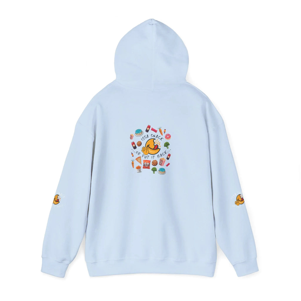 Light blue hoodie with colorful snack-themed cartoon and 'Issa Snack or Put It Back' text on back
