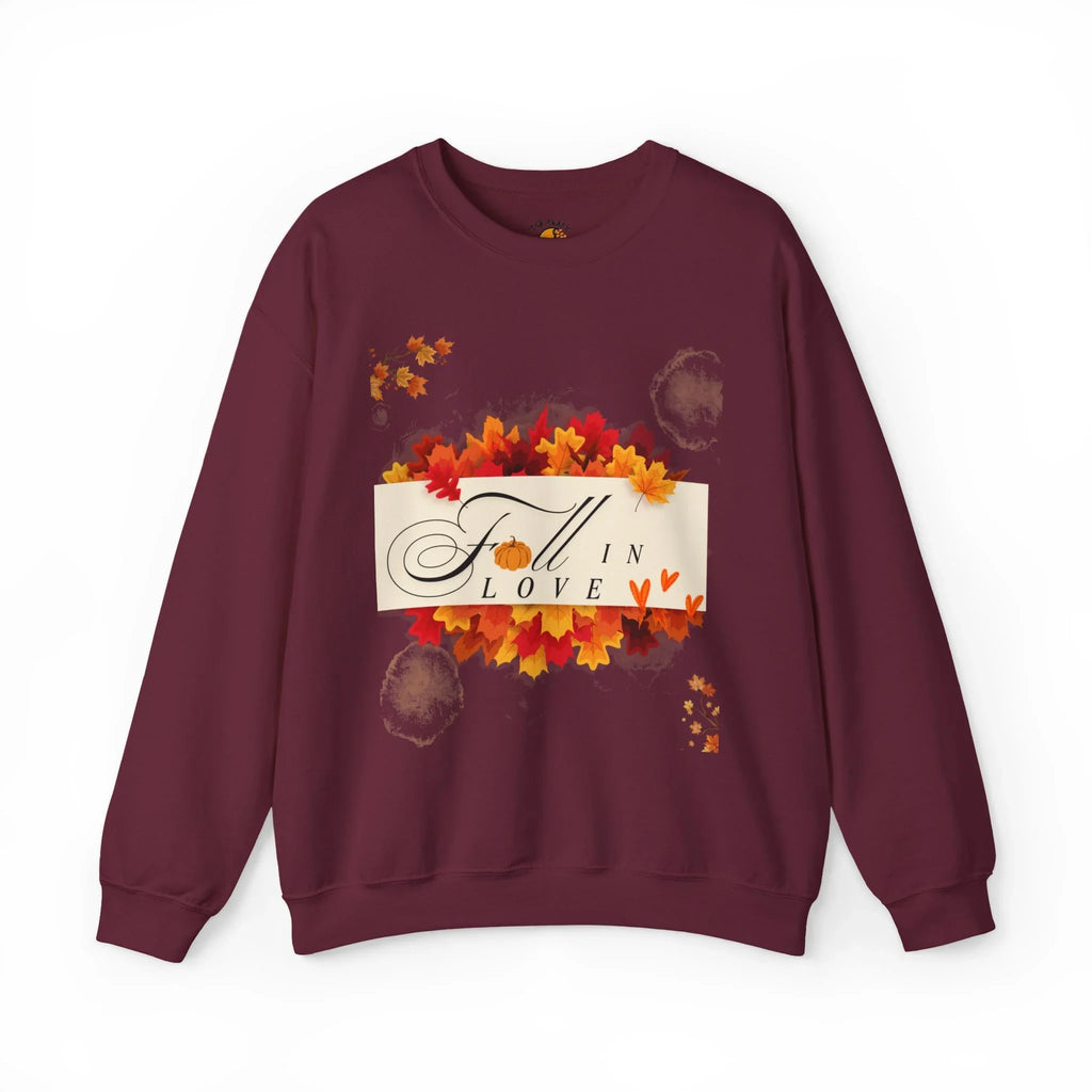 Maroon fall sweatshirt with 'Fall in Love' text, autumn leaves, hearts, and pumpkin graphic