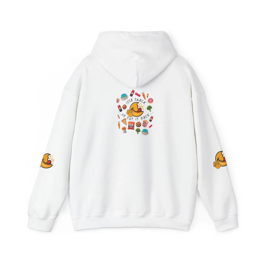 White hoodie with cartoon snack graphics, food illustrations, and 'Issa snack or put it back' text