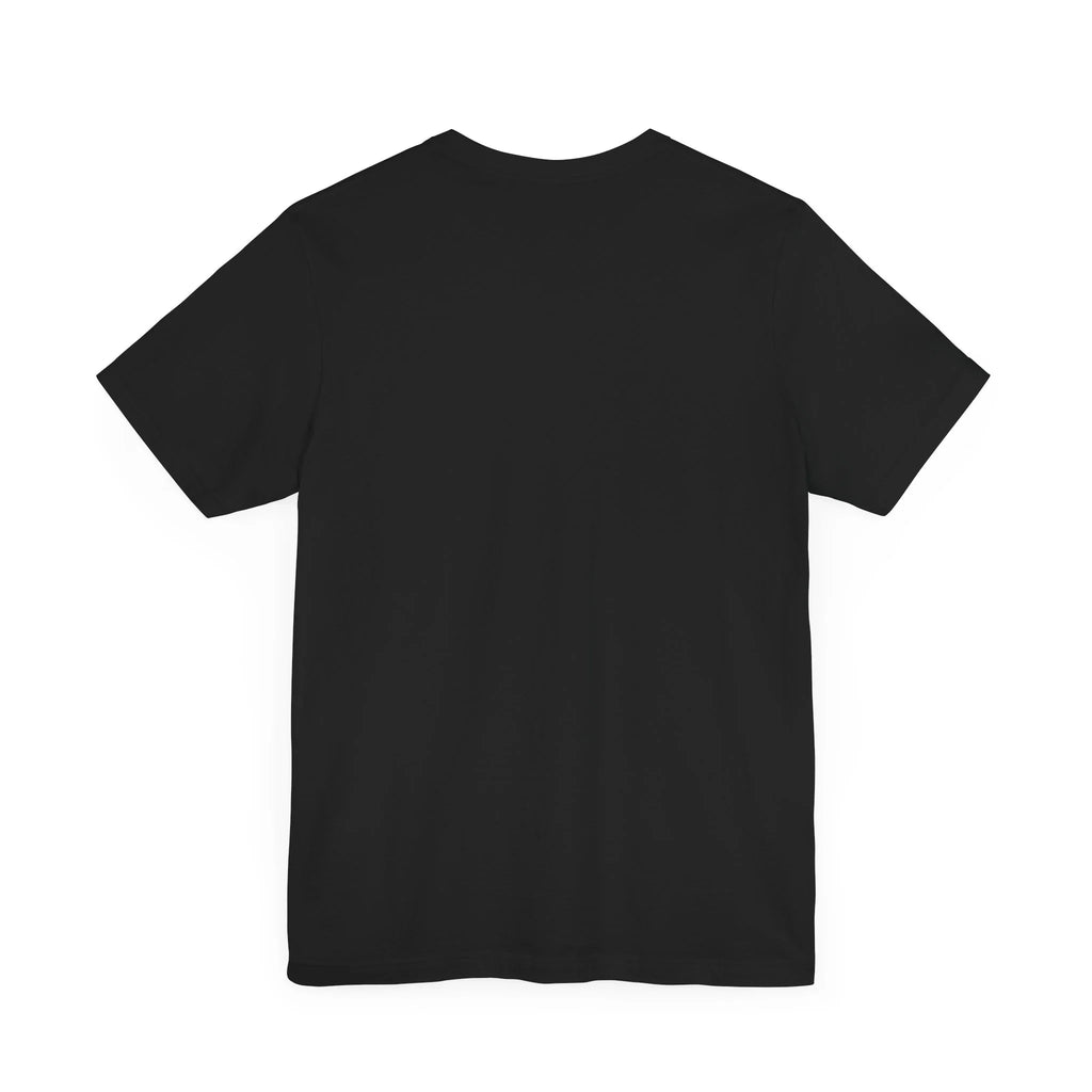 Plain black short sleeve t-shirt, back view on white background