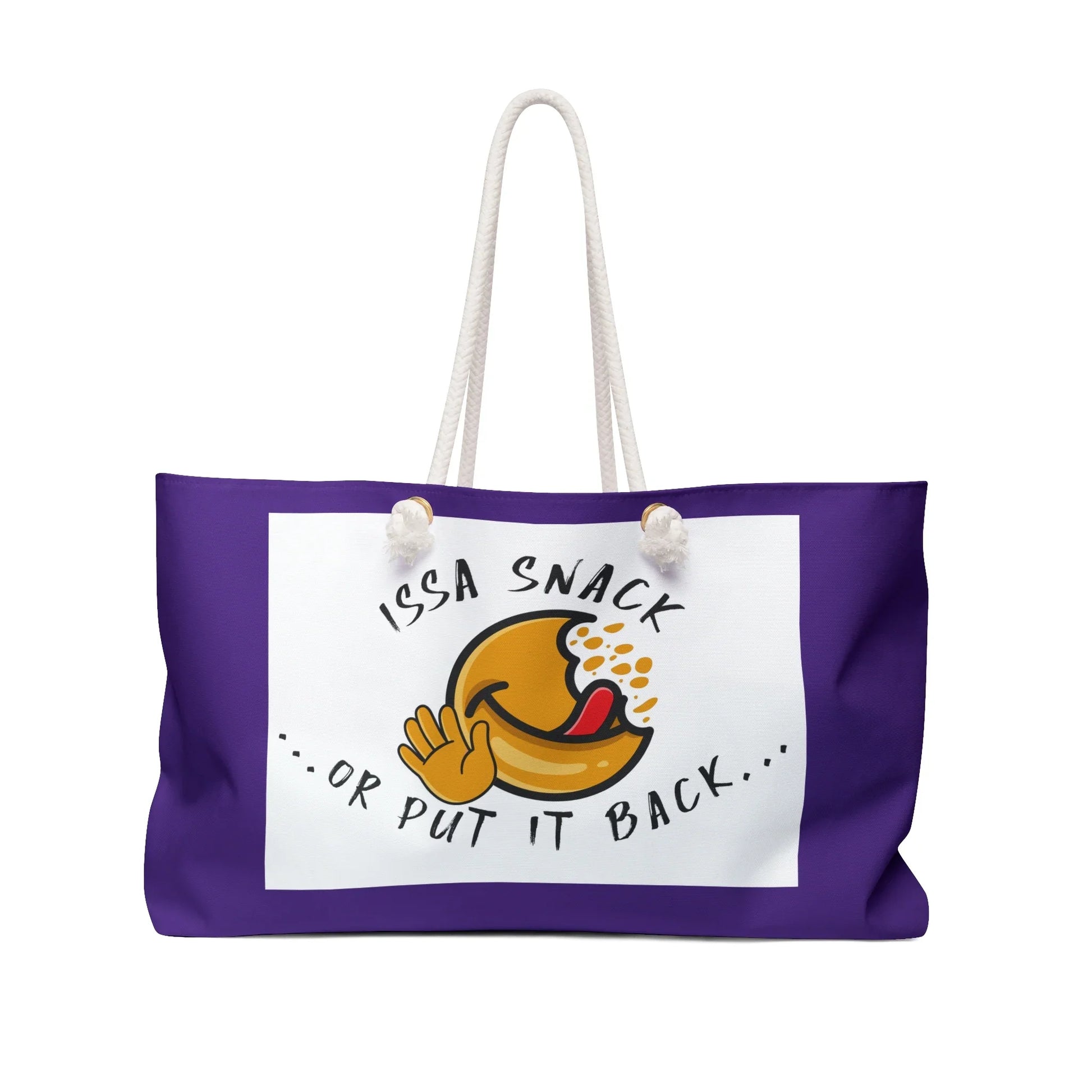Purple tote bag with 'Issa Snack or Put It Back' text and a smiling snack emoji design