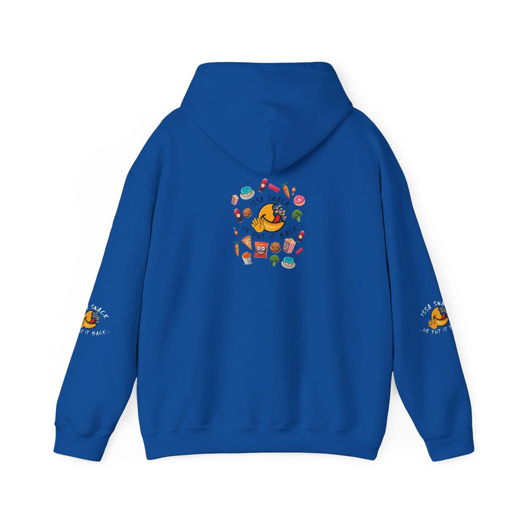 Blue hoodie with colorful cartoon snacks and 'if it's a snack put it back' text on back and sleeves