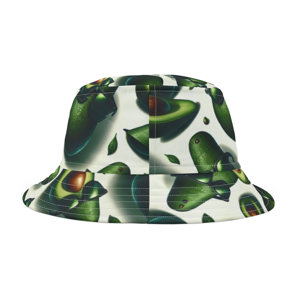 White bucket hat with green avocado print and scattered leaves pattern