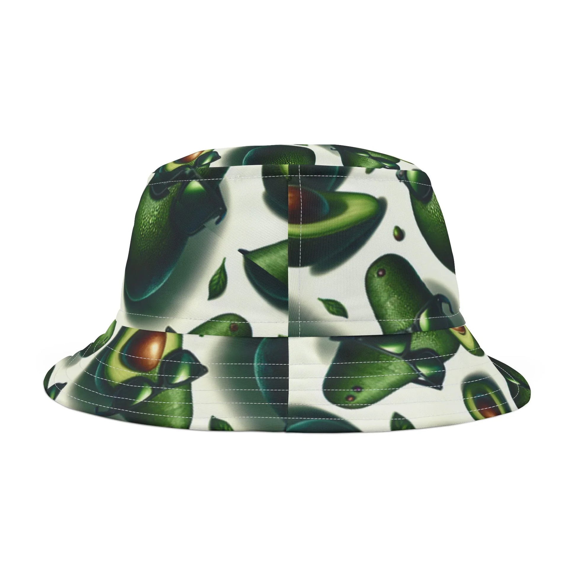 White bucket hat with green avocado print and scattered leaves pattern