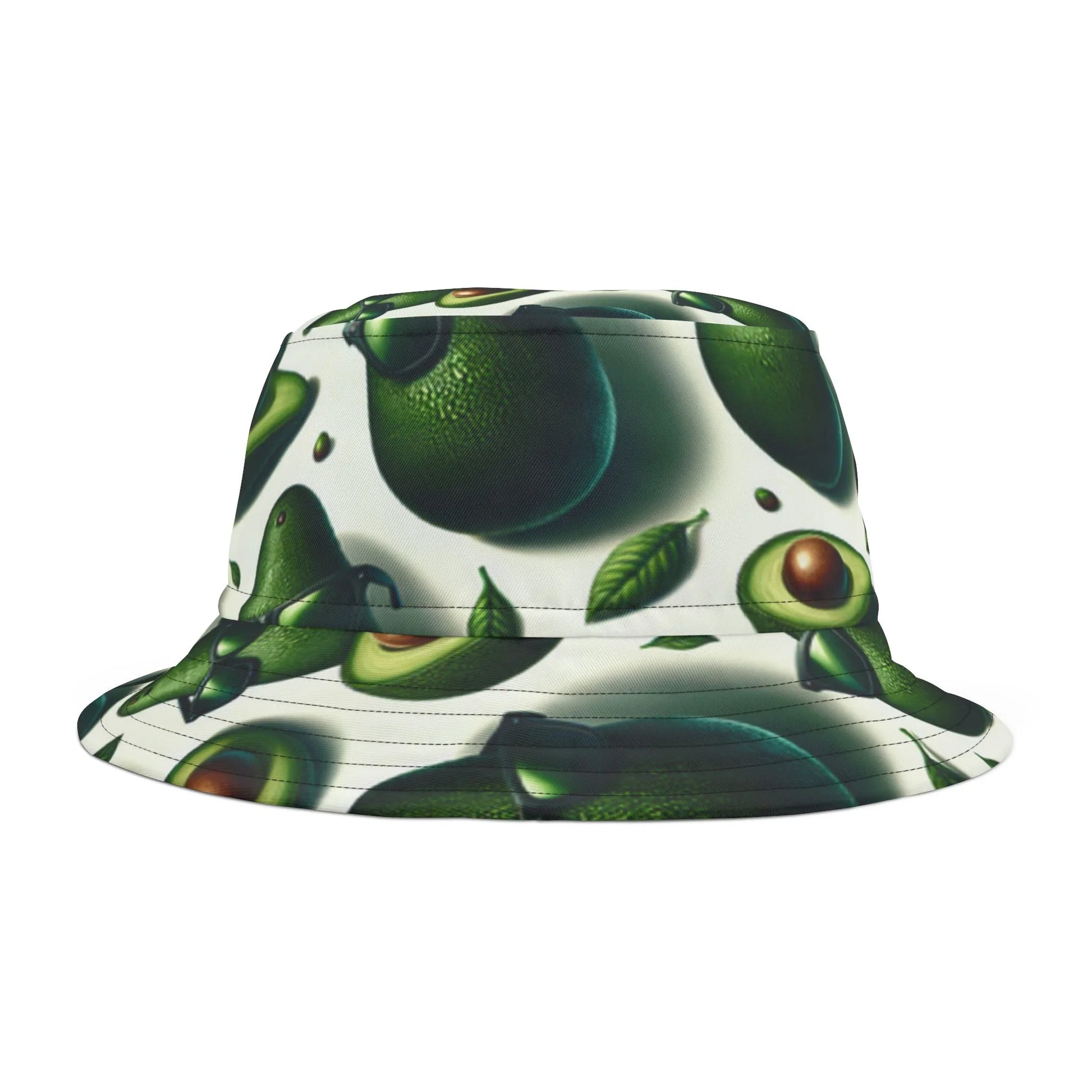 White bucket hat with green avocado and leaf print pattern, stylish fruit-themed accessory